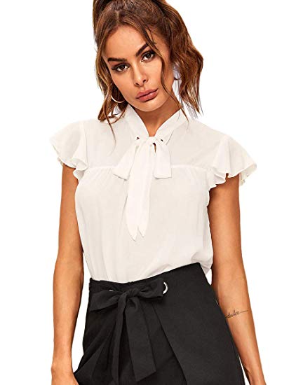 Romwe Women's Casual Short Sleeve Ruffle Bow Tie Blouse Top Shirts