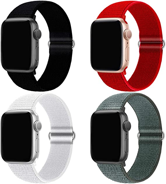 QIENGO 4Pack Compatible for Apple Watch Band 38mm 40mm 42mm 44mm，Nylon Velcro Adjustable Soft Lightweight Breathable Sports Replacement Band Braided Stretchy Elastic Strap for Series6 5 4 3 2 1 SE