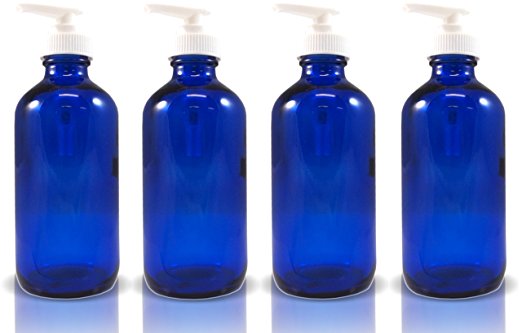 8oz Cobalt Glass Boston Round Lotion Bottles with White Pump (4 Pack)