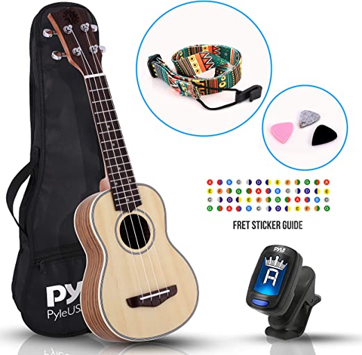 Pyle, 4-String Learn to Play Set-Solid Wood Soprano Ukulele Professional Instrument with Spruce Face, Mahogany Neck, Black Walnut Fingerboard & Bridge PUKT6580