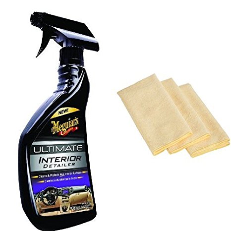 Meguiar's G16216 Ultimate Interior Detailer - 15.2 oz. with 3 AmazonBasics Thick Microfiber Cleaning Cloths