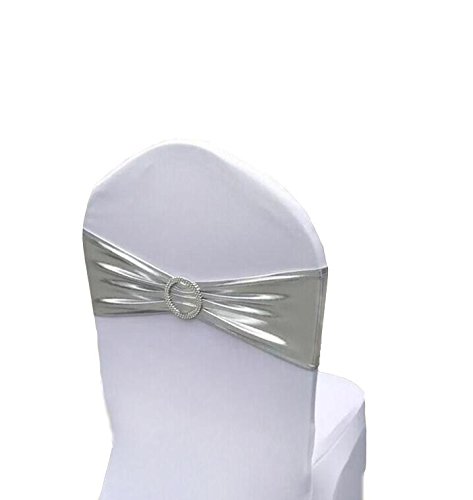 Chair Cover Stretch Band With Buckle Slider Sashes Bow Wedding Banquet Party Chair Decoration 10PCS (Metallic Silver)