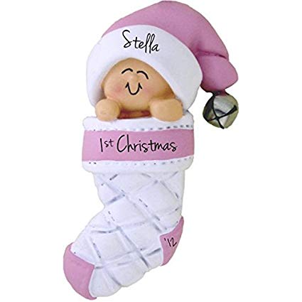 Baby's 1st Christmas, Girl Christmas Ornament - FREE Personalization, Ornament Central Baby in Christmas Stocking Pink