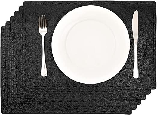 SHACOS Faux Leather Placemats Set of 6 Waterproof Table Mats 18x12 inch Heat Resistant Wipe Clean Place Mats (6, Black)