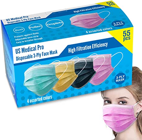 55 Pack Colorful Breathable Face Masks Disposable Face Mask Ply Layer Filter System