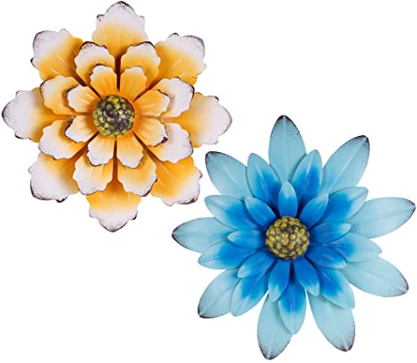 Metal Flower Wall Decor; 12” Yellow And Blue Rustic Flowers For Farmhouse Wall Decor; 2 Pack 3D Flower Wall Mount For Bathroom, Living Room, Bed Room, Garden - Indoor Outdoor Use