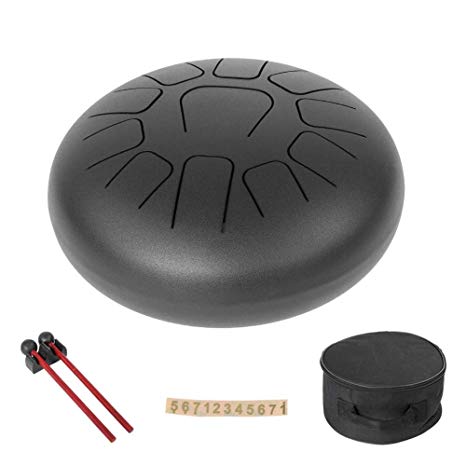 Tongue Drum, 12 Inch Steel Hand Drums Handpan Drum Percussion Instrument with Carry Bags and Drum Mallets(Black)