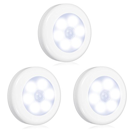 KINGSO 3 Pack Motion Sensor Light, Battery-powered Wireless Pir 6 LED Wall Night Light, Stick-on Anywhere Closet Light Tap Light Stair Light for Cabinets, Hallway, Bedroom, Kitchen - Pure White