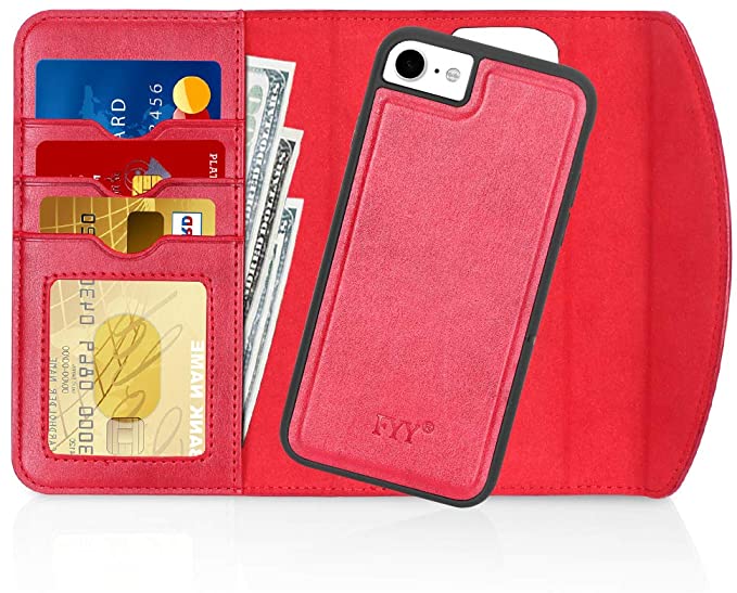 FYY Case for iPhone SE 2020, iPhone 7/8 4.7", 2-in-1 Magnetic Detachable Wallet Case [Wireless Charging Support] with Card Slots Folio Case for iPhone SE 2020, iPhone 7/8 4.7" Red