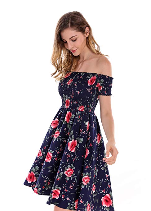 Apperloth Women's Sexy Off Shoulder Dress Floral Print Short Sleeve A-Line Fit and Flare Mini Dress