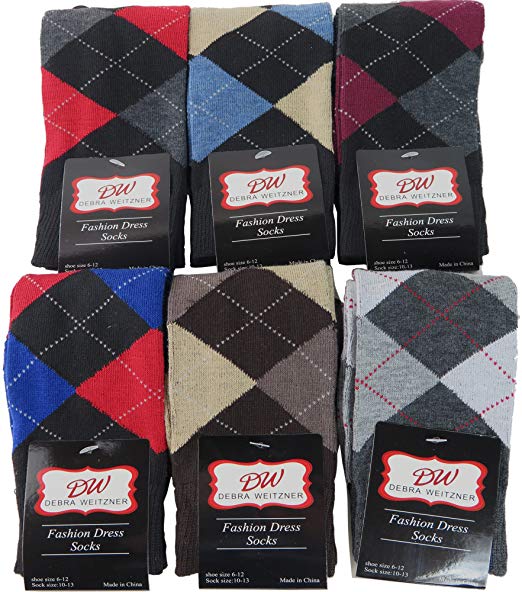 Debra Weitzner Mens Dress Socks With Bright Argyle Patterns - Cotton - Assorted Colors - Crew Length - Pack of 6 Pairs