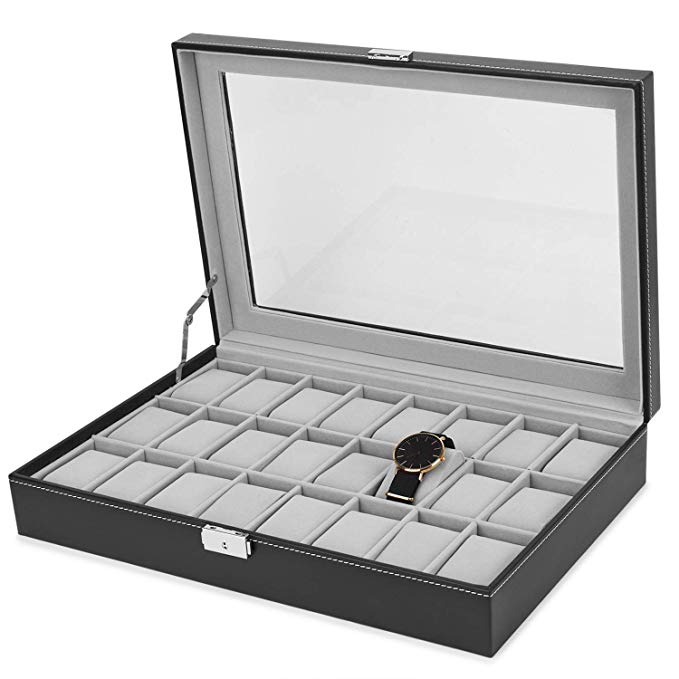 NOVA JUNS Watch Box, 24 Slots Mens Watch Organizer Lockable Jewelry Display Case with Real Glass Top Black Faux Leather