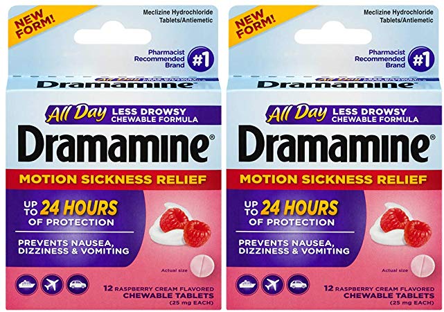 Dramamine All Day Less Drowsy Motion Sickness Relief | 12 Count Chewable Tablets | Pack of 2