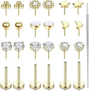 LOLIAS 20G 18G 16G Threadless Nose Studs Rings for Women Men 316L Surgical Steel Push in Flat Back Earrings CZ Lip Labret Nose Rings Studs Cartilage Helix Conch Medusa Nostril Tragus Piercing Jewelry 6mm 8mm 10mm Length