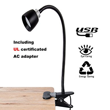 FOCUSAIRY Energy-Efficient 3W LED Table Desk Lamp Reading Light 2 Brightness Levels Reading Lamp Night Book Light Clip On for Desk Bed Headboard and Computers with USB Cable & AC Adapter (Black)