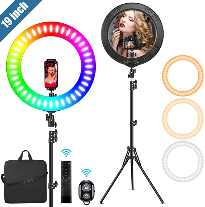 19" RGB Ring Light with Stand, 48W Efficient LED Ring Light, Support Phone/Pad/Camera, Carrying Bag for Photography/YouTube/Facebook/Twitch/Blogging