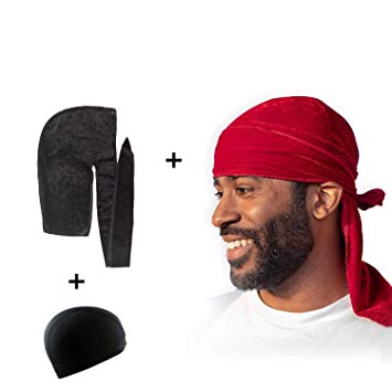 Royal Waves Velvet Premium Durag - Extra Long Straps, One Size Fits All for 360 Waves - 2 Pieces (Black/Red)