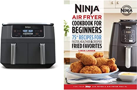 Ninja DZ201 Foodi 8 Quart 6-in-1 DualZone 2-Basket Air Fryer, Grey & The Official Ninja Air Fryer Cookbook for Beginners: 75  Recipes for Faster, Healthier, & Crispier Fried Favorites