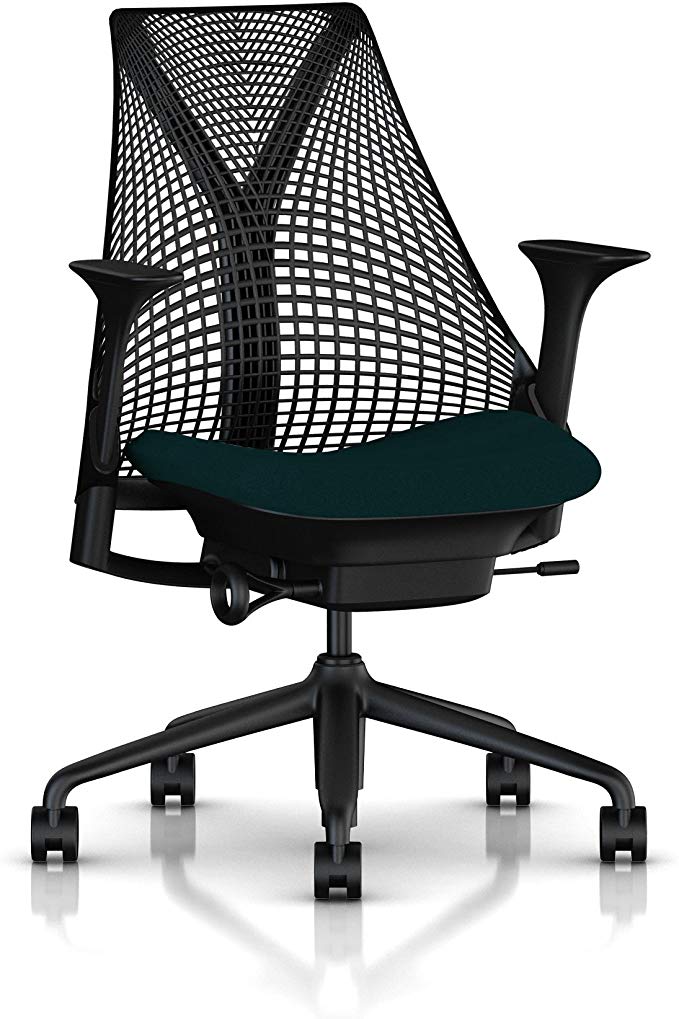 Herman Miller Sayl Ergonomic Office Chair with Tilt Limiter and Carpet Casters | Stationary Seat Depth and Adjustable Arms | Black Frame with Aquamarine Crepe Seat