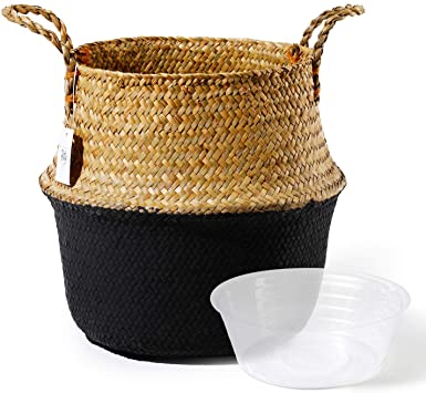 POTEY 710302 Seagrass Plant Basket - Hand Woven Belly Basket with Handles, Large Storage Laundry, Picnic, Plant Pot Cover, Home Decor and Woven Straw Beach Bag (Large, Original Black)