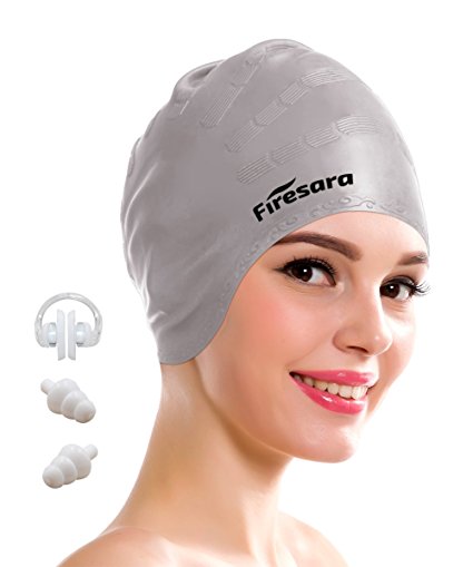Swimming Cap for Long Hair, Firesara Silicone Swim Cap for Dreadlocks or Short Hair for Adult Men Women Girls Kids Child Keeps Hair Clean Ear Dry with Nose Clip and Ear Plugs