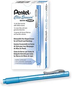 Pentel Clic Eraser Grip, Retractable Eraser, Sky Blue Barrel, Box of 12 (ZE22S)