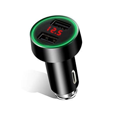 Dual 3.6A Smart USB Car Charger 12-24A DC, LED Amperage & Voltage Display with Flashing Alert, Zinic Alloy Rapid USB Car Charger Adapter for  Mobile Device, iPhone 7 Plus,6s Plus, SE 5s,Samsung Galaxy (Black)