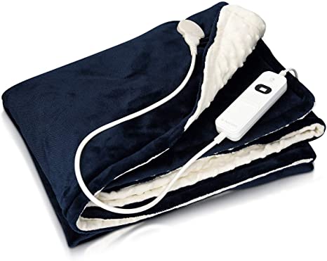 Navaris Electric Blanket - Double Size Heated Over Blanket with 3 Heat Settings and Auto Shut Off Timer - Plush Polyester Bed Throw (Blue/White Dimples)