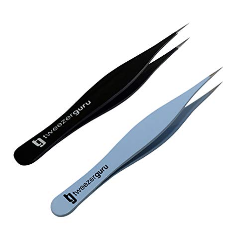 Tweezers for Ingrown Hair by TweezerGuru - Best Stainless Steel Professional Pointed Tweezer – Precision Eyebrow and Splinter Removal Tweezers (Blue and Black)