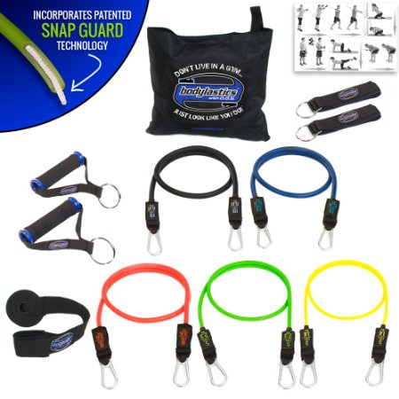 Bodylastics 12 pcs Snap Guard Resistance Bands Set with 5 Stackable anti-snap exercise tubes