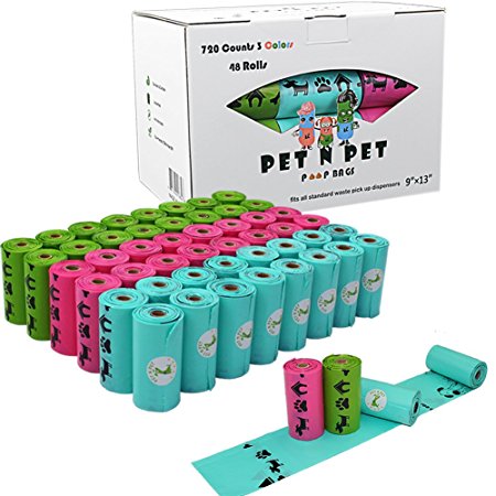 PET N PET Earth-Friendly 720 Counts 48 Rolls 3 Color Rainbow Dog Poop Bags Blue,Green,Pink