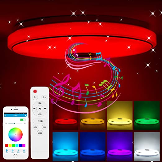 Ourleeme Led Music Ceiling Light with Bluetooth Speaker 36W, RGB Color Changing Dimmable with APP & Remote Control High Brightness Modern Light Bedroom Lamps Ceiling Lamp Party Lights