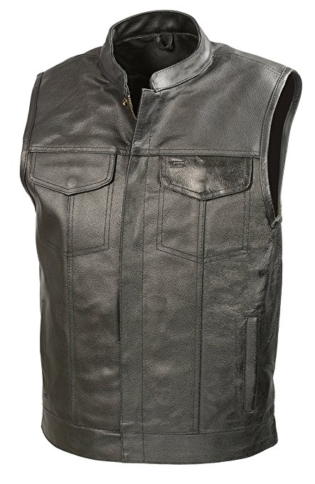 The Bikers Zone SOA Mens Leather Club Style Vest W/ Concealed Gun Pockets, Cowhide Leather Biker Vest, Single Panel Back (Black) (XL, Black)
