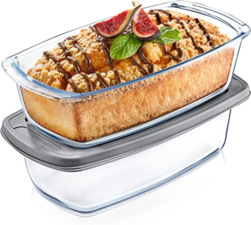 NutriChef 2 Sets Loaf Pan - 62.07oz Stackable Superior Premium Glass Meal-prep Food Container w/Airtight Locking Lid, BPA-Free Leakproof, Freezer-to-Oven-Safe, For Bread, Cake & Pastries