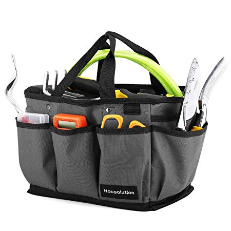 Housolution Gardening Tote Bag, Deluxe Garden Tool Storage Bag and Home Organizer with Pockets, Wear-Resistant & Reusable, 12 Inch, Gray & Black