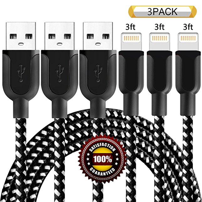 BULESK iPhone Cable 3Pack 3FT Nylon Braided Certified Lightning to USB iPhone Charger Cord for iPhone X 8 8Plus 7 Plus 6S 6 SE 5S 5C 5, iPad 2 3 4 Mini Air Pro, iPod Nano 7(Black&White)