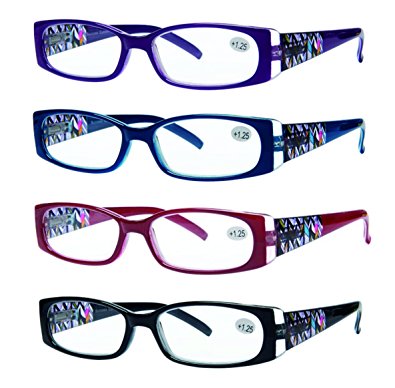 READING GLASSES 4 Pack Quality Spring Hinge Stylish Designed Womens Glasses for Reading 4 Colors