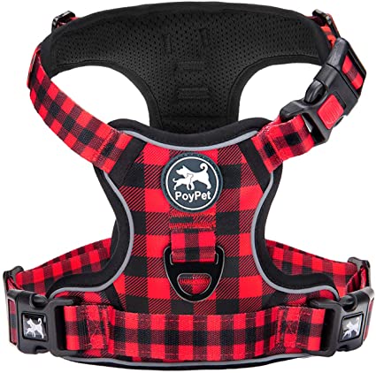 PoyPet No Pull Dog Harness,[Release on Neck] Reflective Adjustable No Choke Pet Vest with Front & Back 2 Leash Attachments,Soft Control Training Handle for Small Medium Large Dogs(Checkered Red,S)