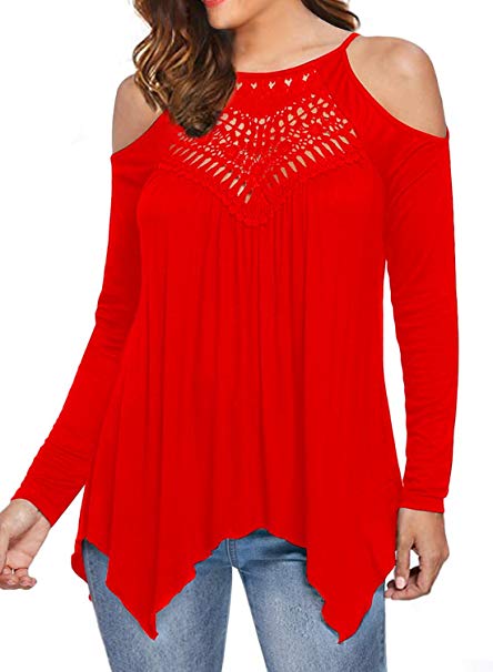 CCBETTER Long Sleeve Shirts for Women Summer Cold Shoulder Tops Casual Crew Neck T-Shirt Lace Tunic Tops