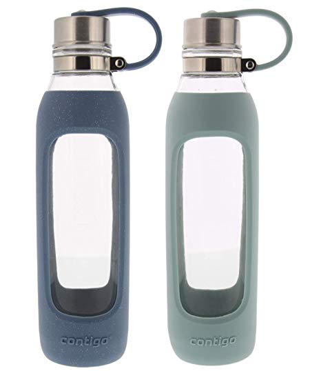 Contigo Purity Glass Water Bottle with Protective Silicone Sleeve & Tethered Lid, 20oz- Stormy Weather & Sea Glass- Tasteless & Odorless Drinking