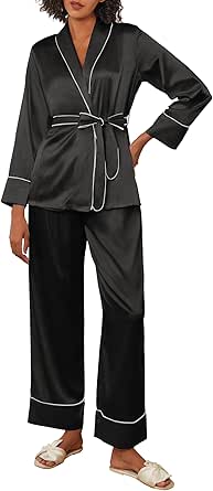 Ekouaer Satin Pjs for Women Set Silk Pajamas Set Long Sleeve Top with Pants Soft 2 Pieces Loungewear with Belt