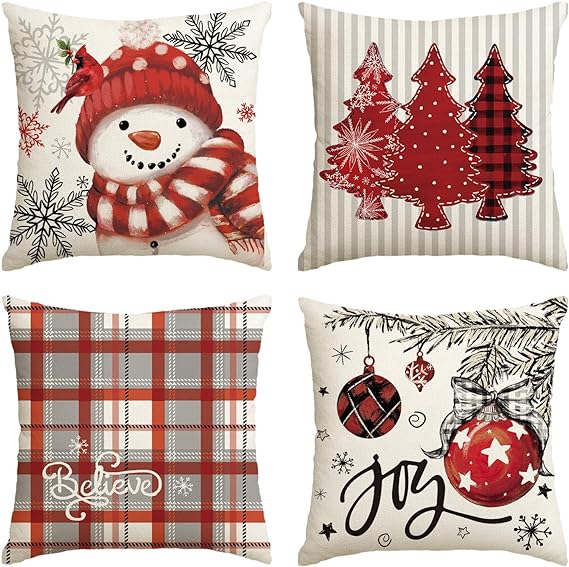 AVOIN colorlife Winter Snowman Joy Snowflake Christmas Red Throw Pillow Covers, 18 x 18 Inch Xmas Tree Winter Holiday Buffalo Plaid Cushion Case Decoration for Sofa Couch Set of 4