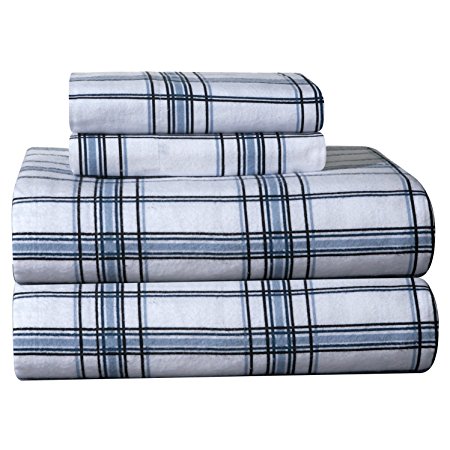 Pointehaven Heavy Weight Printed Flannel Queen Sheet Set, Plaid, Blue