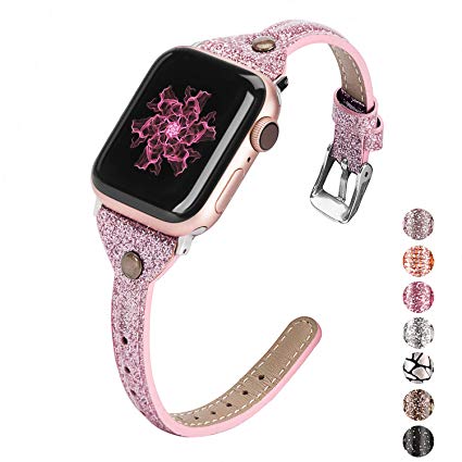 Wearlizer Thin Leather Compatible with Apple Watch Bands 38mm 40mm for iWatch Womens Slim Smooth Bling Strap Leisure Cute Glitter Rivet Shiny Wristband (Silver Clasp) Series 5 4 3 2 1 Sport-Purple