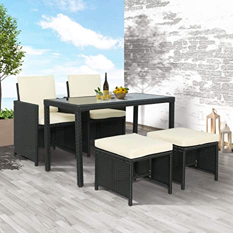 Merax 5-Piece Outdoor Patio Furniture Sets Rattan Wicker Patio Dining Table Set Garden Coversation Sofa Set