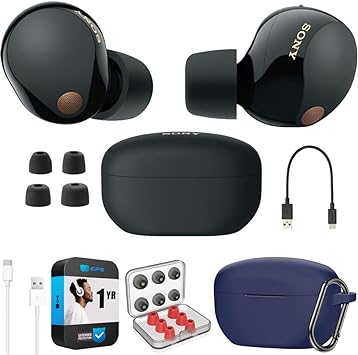 Sony WF-1000XM5 Industry Leading Noise Canceling Truly Wireless Earbuds (Black) Bundle with Silicone Case (Blue), Memory Foam Ear Tips, USB-A to USB-C Cable & 1 YR CPS Enhanced Protection Pack