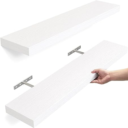 BAYKA Floating Shelves, Wall Mounted Rustic Wood Shelves for Bathroom, Bedroom, Living Room, Kitchen, Office, 23" Hanging Shelf for Books/Storage/Room Decor with 22lbs Capacity (White, Set of 2)