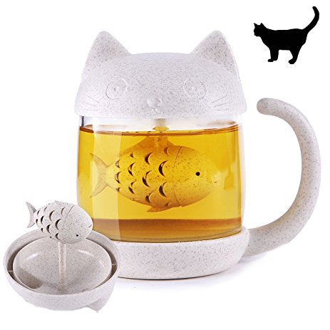 Cute Cat Tail Tea Cup with Detachable Fish Infuser Filter, 12.7oz Glass Teacup, Cats Tail Coffee Mug Tea Lovely Cup for Children Girl Valentine's Day Gift