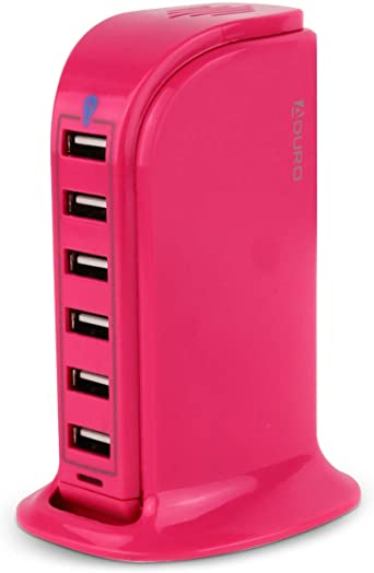 Aduro 40W 6-Port USB Desktop Charging Station HubWall Charger for iPhone iPad Tablets Smartphones with Smart Flow (Pink)