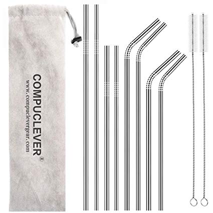 Reusable Stainless Steel Straws Set of 8 FDA Appproved BPA Free Metal Drinking Straws for 30oz 20oz Tumbler 10.5’’ 8.5’’ Diameter 0.24’’ 0.31’’ 2 Cleaning Brushes and Pouch(4 bent 4 straight)